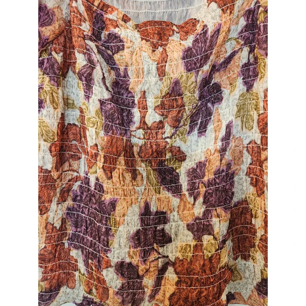 Old Navy Women XL Floral Smocked Puff Sleeve Blouse Square Neck Orange Purple‎